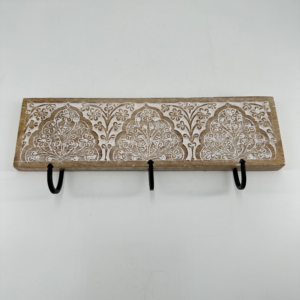 Boho Carved Wood Wall Hook Rack White Floral Mandala 3 Metal Hooks Brown White